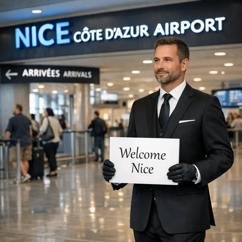 Chauffeur Cannes Driver en costume noir, gants noirs, accueillant un passager dans le hall des arrivées de l’aéroport Nice Côte d’Azur avec une pancarte « Welcome Nice »