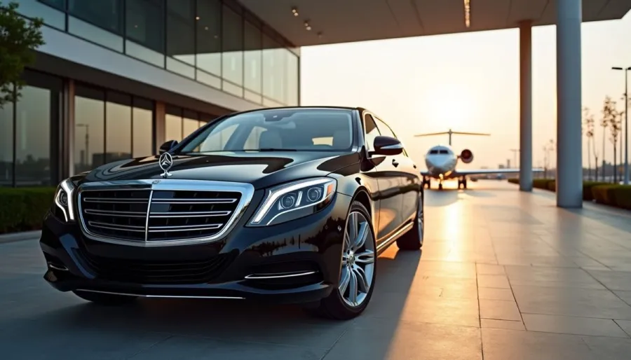 Mercedes Classe S noire avec chauffeur privé devant un jet privé au coucher du soleil — mise à disposition à Monaco