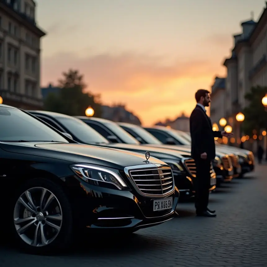 Flotte de Mercedes Classe S noires Cannes Driver alignées au crépuscule, chauffeur en costume au bord de la rangée