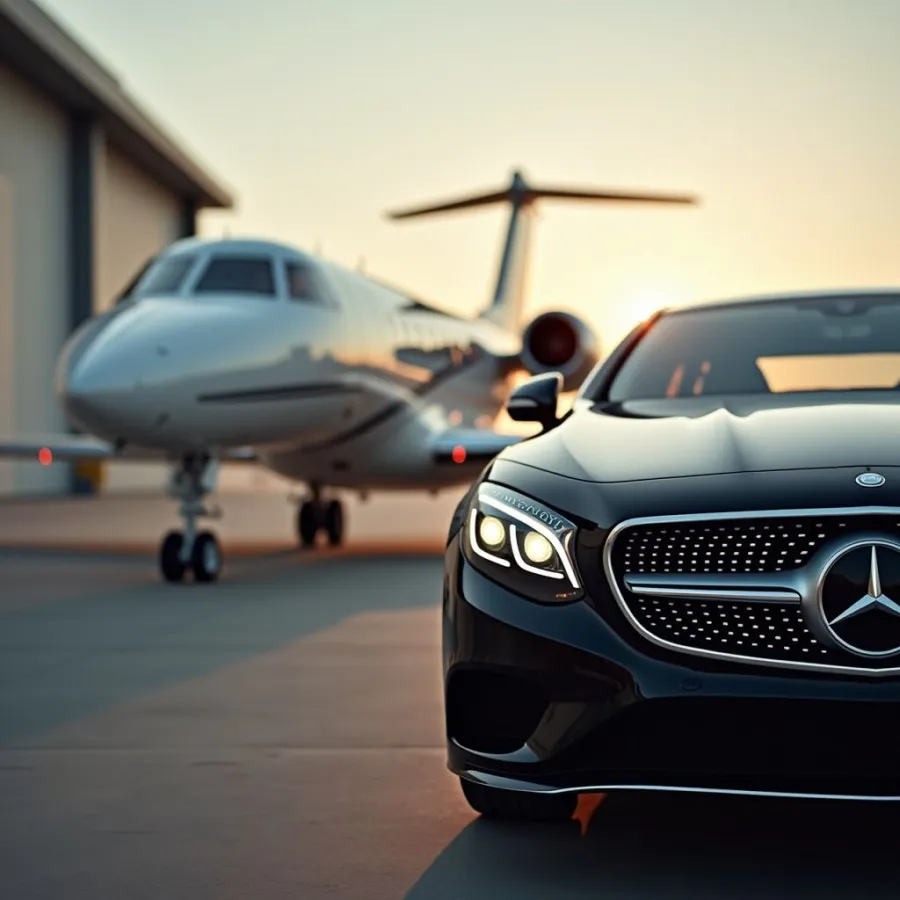 Chauffeur privé Mercedes Classe S devant un jet privé à l'aéroport de Cannes-Mandelieu au coucher du soleil