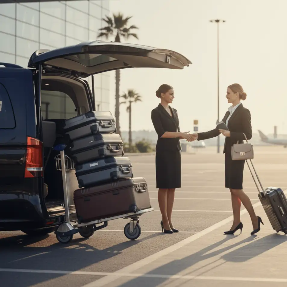 Chauffeur Cannes Driver en costume noir chargeant des valises dans un Mercedes Classe V noir tandis qu'une hôtesse VIP en tailleur accueille une voyageuse devant l'aéroport Nice Côte d'Azur
