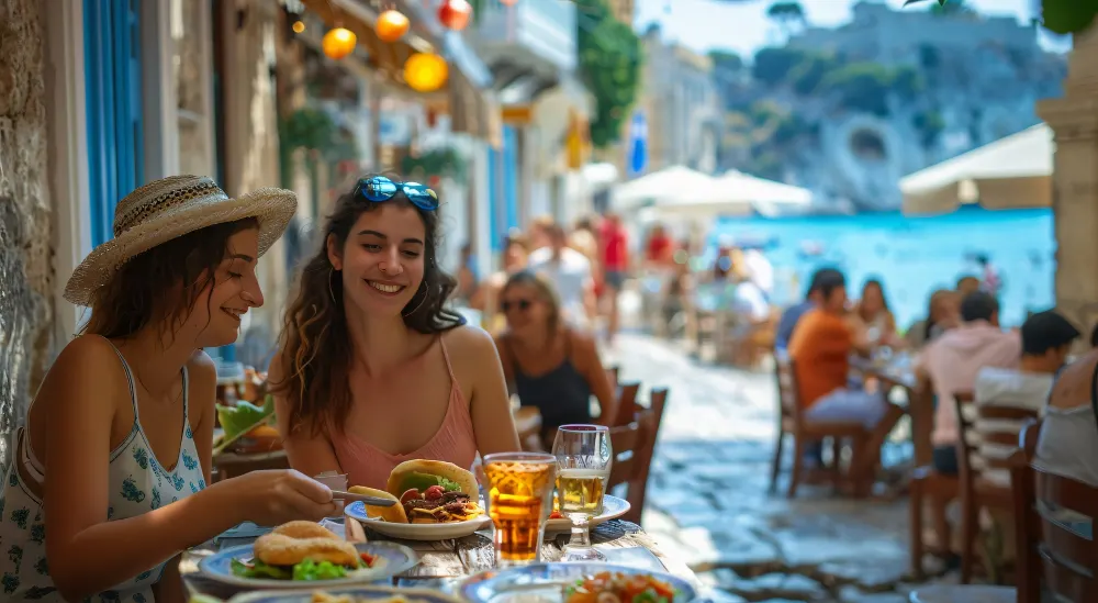 Déjeuner en terrasse dans les ruelles de Saint-Tropez, la mer turquoise en arrière-plan