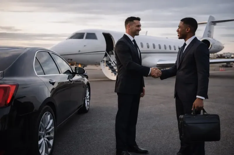 Chauffeur privé Cannes Driver en costume noir accueillant un client d'affaires par une poignée de main devant une berline noire et un jet privé sur le tarmac de l'aéroport Nice Côte d'Azur