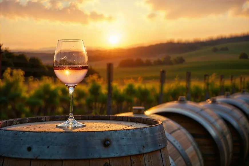 Glass of rosé on an oak barrel, Côtes de Provence vines at sunset