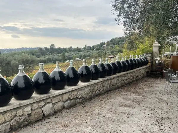 Wine demijohns aligned on a stone wall at a Var estate